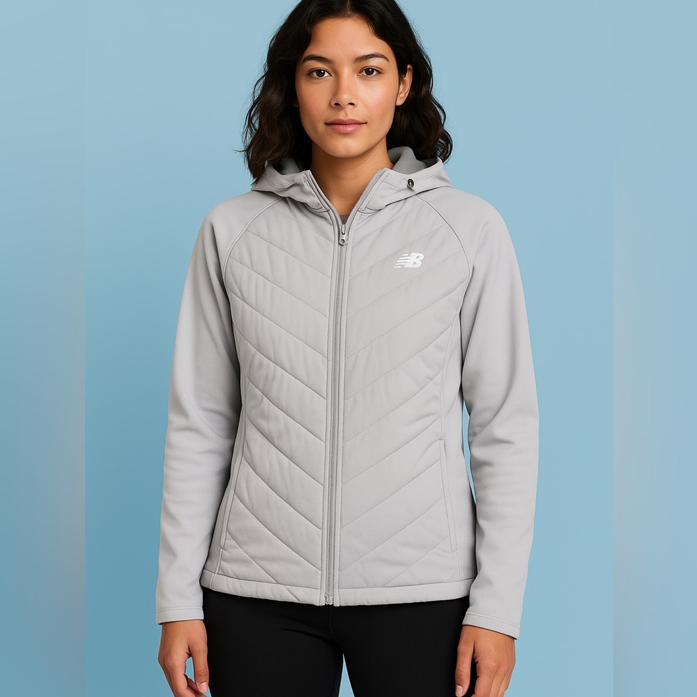 EUC! New Balance Women’s Light Gray Quilted Softshell Hooded Jacket – Size Large